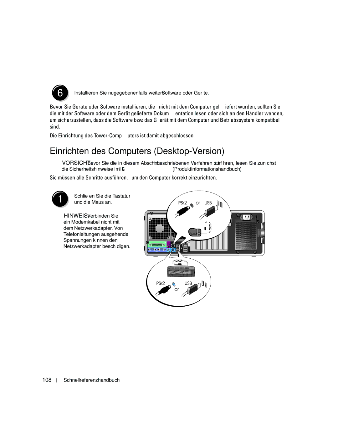 Dell JD967 manual Einrichten des Computers Desktop-Version, 108, Und die Maus an 