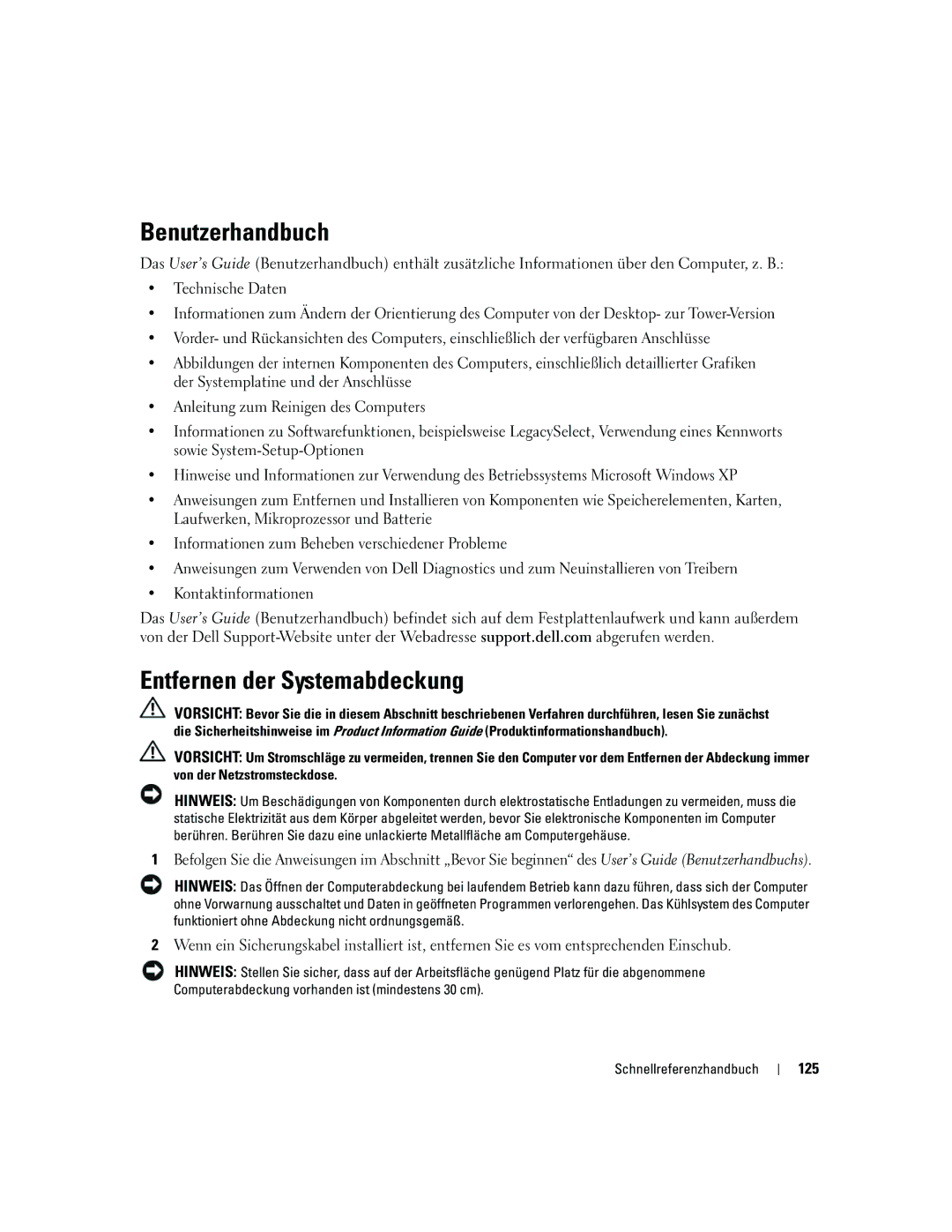 Dell JD967 manual Benutzerhandbuch, Entfernen der Systemabdeckung, 125 