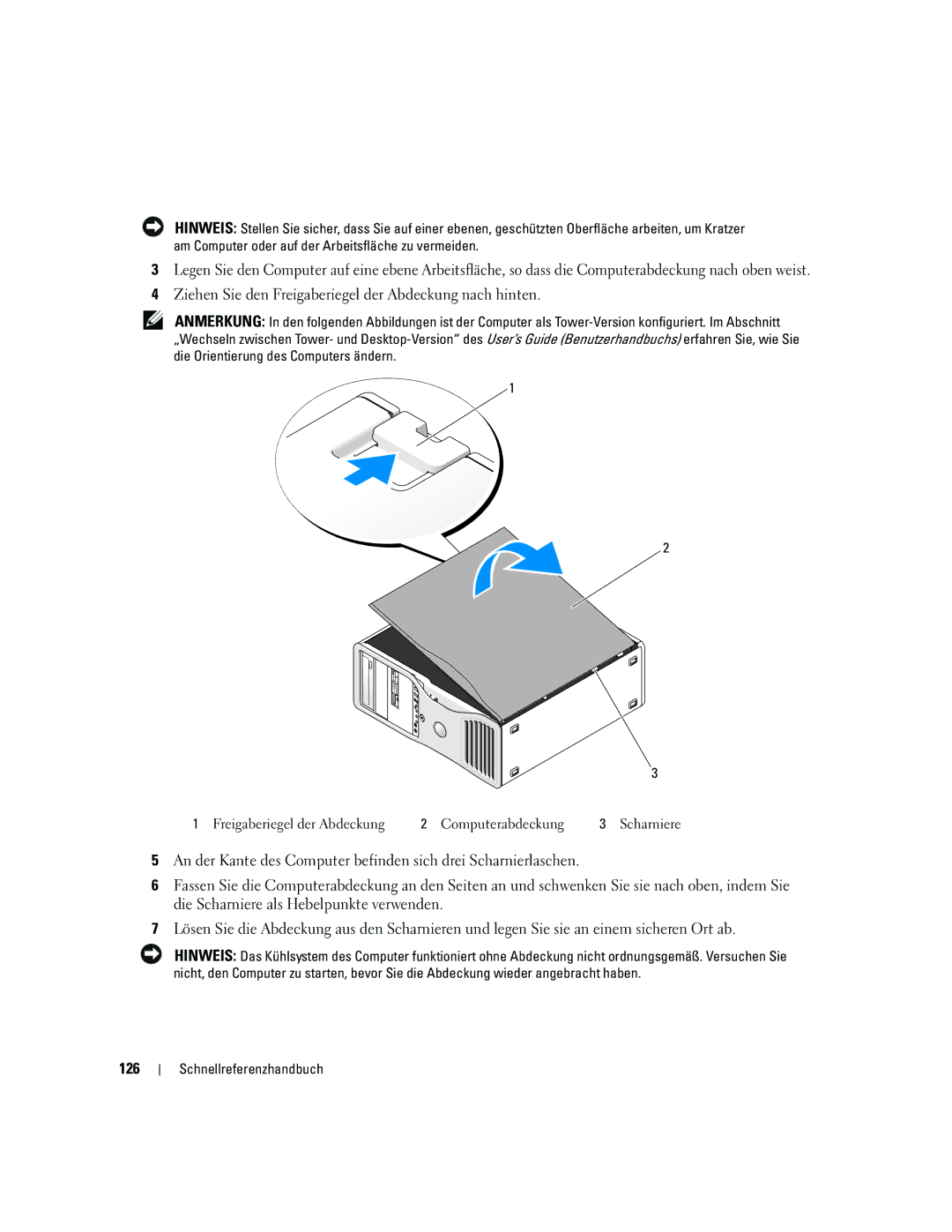 Dell JD967 manual Ziehen Sie den Freigaberiegel der Abdeckung nach hinten, 126 