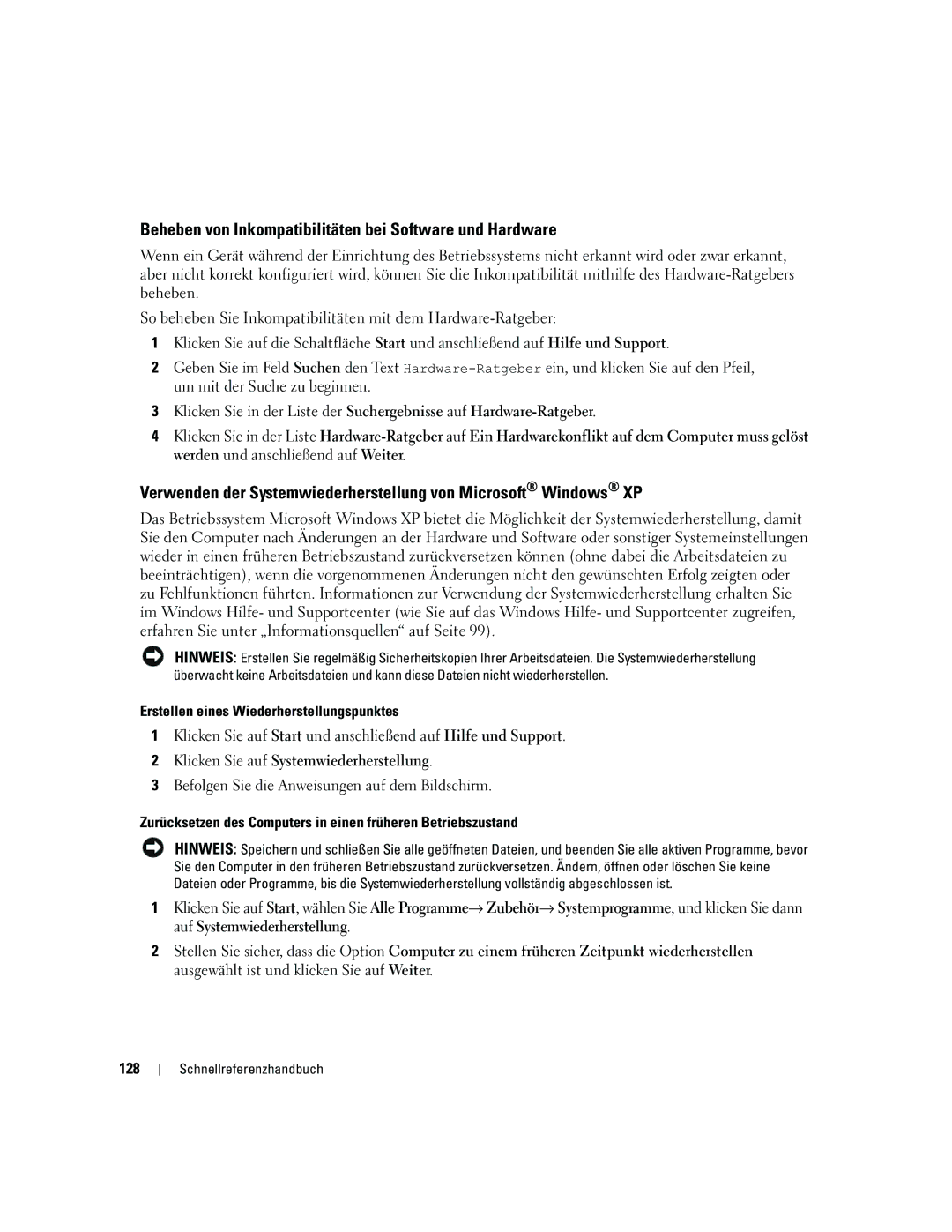 Dell JD967 manual Beheben von Inkompatibilitäten bei Software und Hardware, 128 