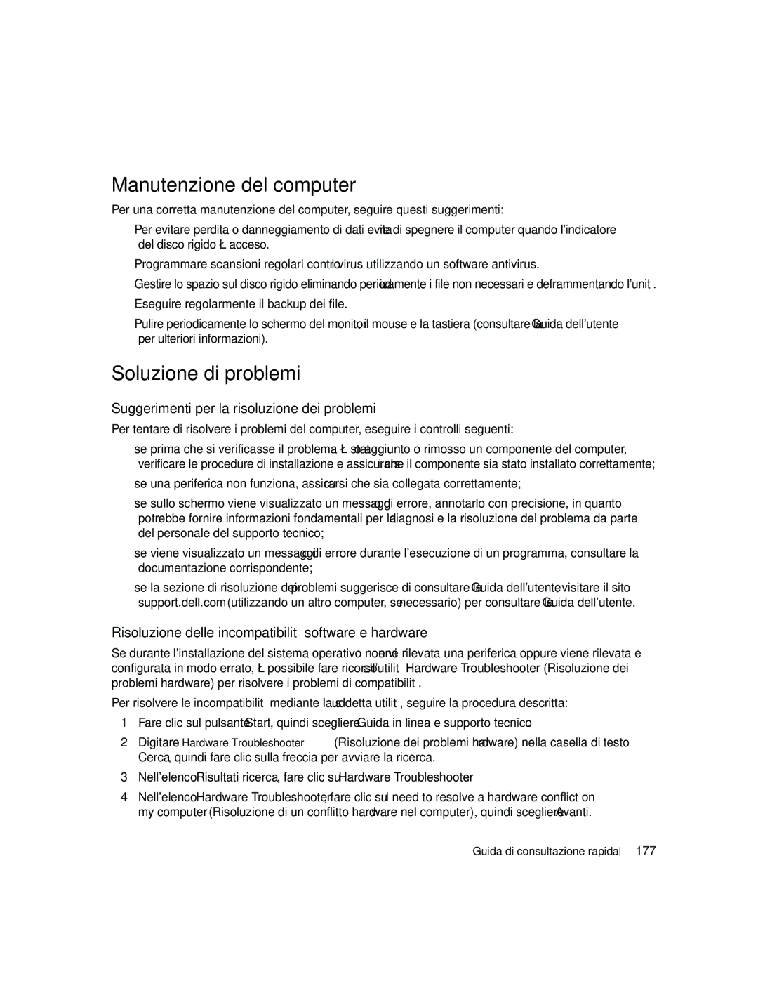 Dell JD967 manual Manutenzione del computer, Soluzione di problemi, Suggerimenti per la risoluzione dei problemi, 177 