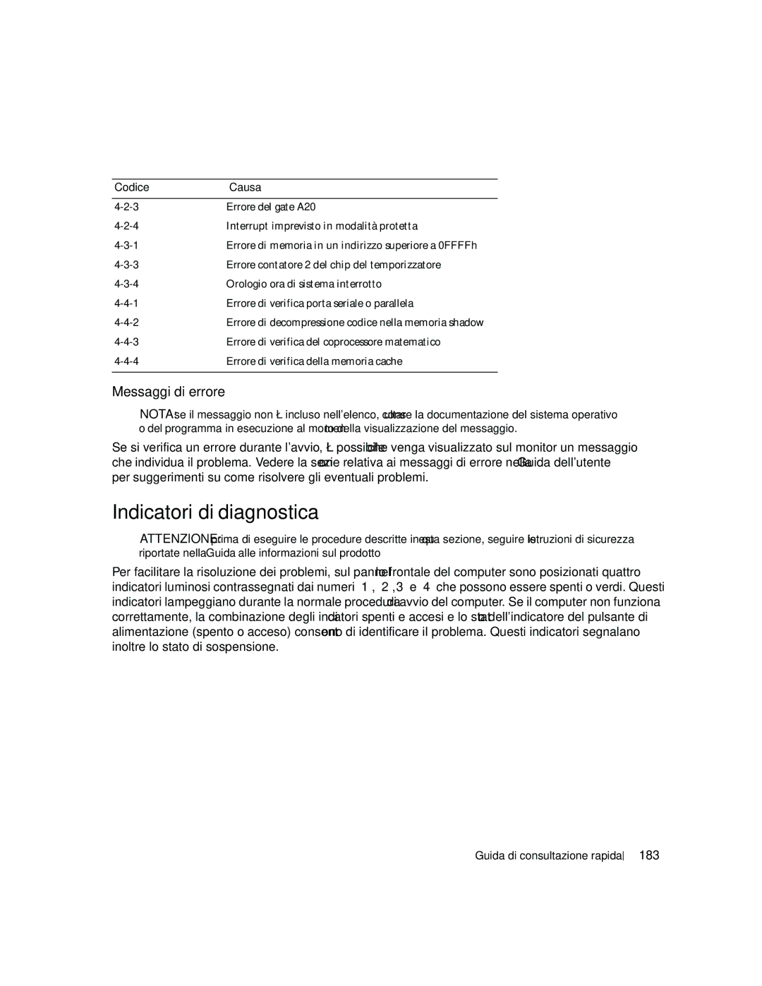 Dell JD967 manual Indicatori di diagnostica, Messaggi di errore, 183, Errore di verifica del coprocessore matematico 