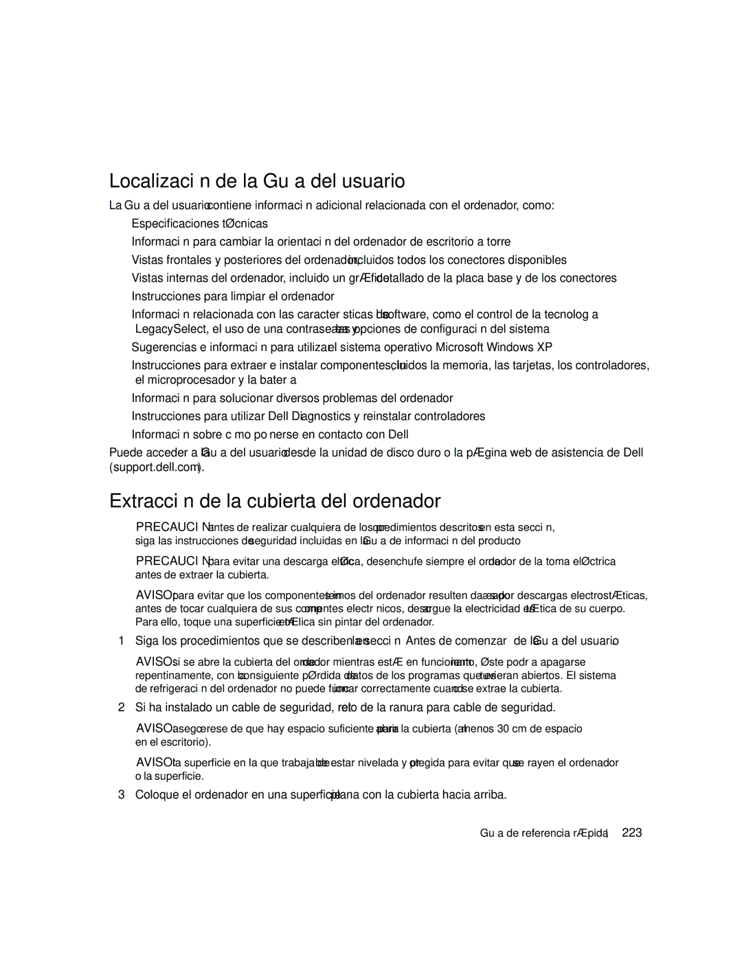 Dell JD967 manual Localización de la Guía del usuario, Extracción de la cubierta del ordenador, 223 