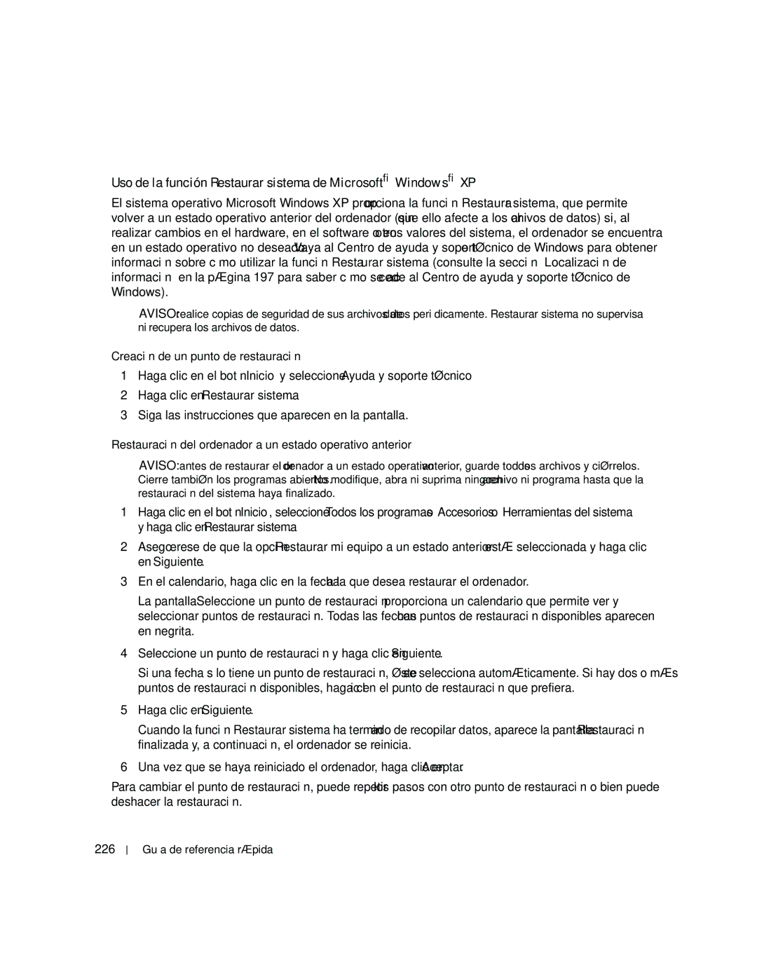 Dell JD967 manual Uso de la función Restaurar sistema de Microsoft Windows XP, Creación de un punto de restauración, 226 