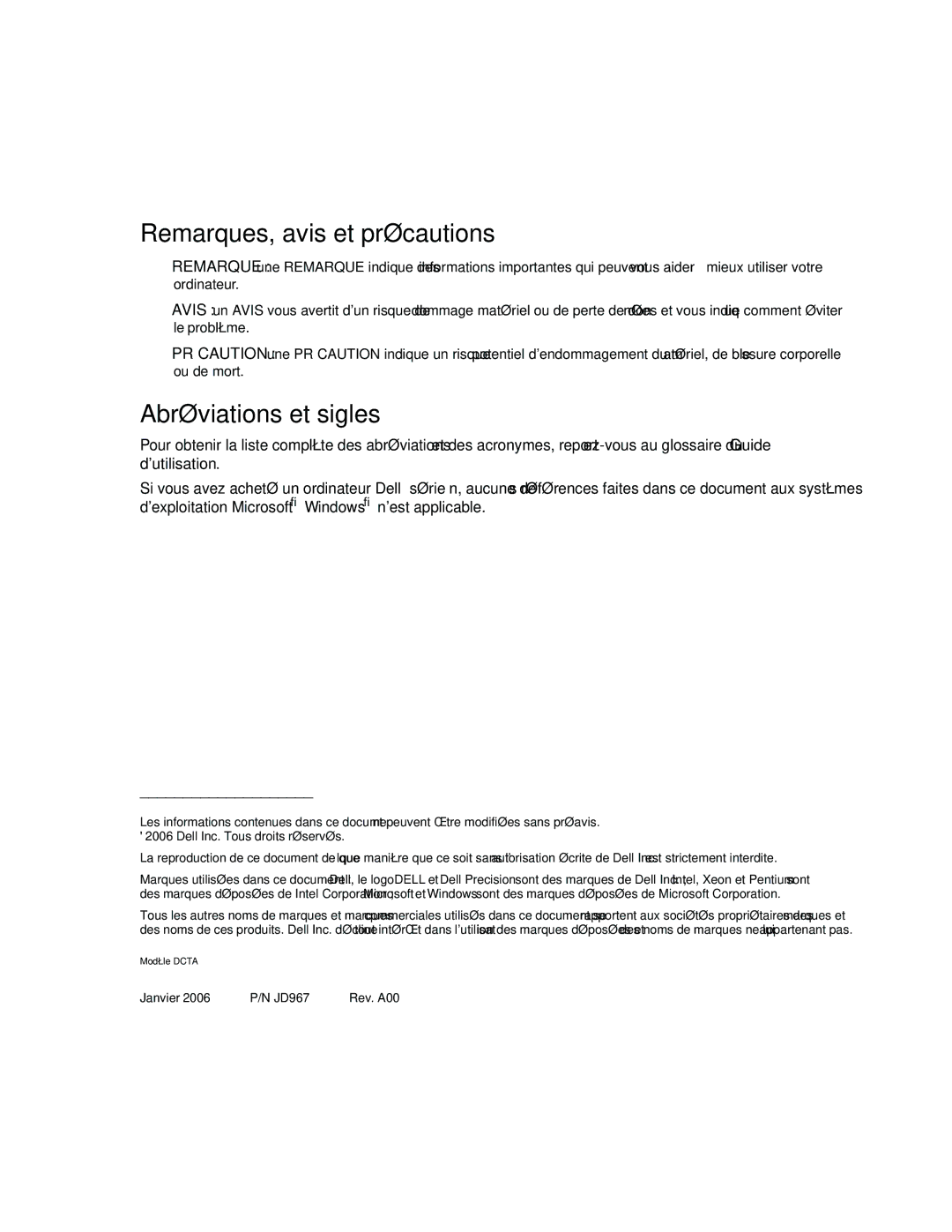 Dell JD967 manual Remarques, avis et précautions, Abréviations et sigles 