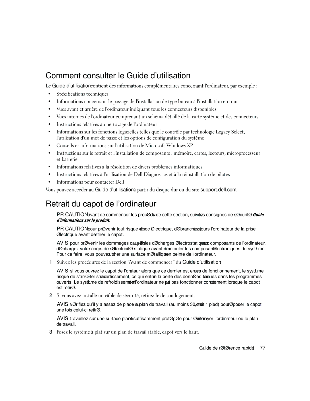 Dell JD967 manual Comment consulter le Guide dutilisation, Retrait du capot de lordinateur 