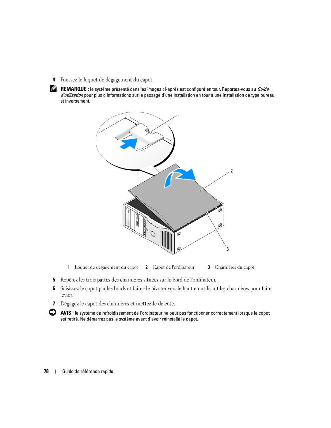 Dell JD967 manual Poussez le loquet de dégagement du capot 