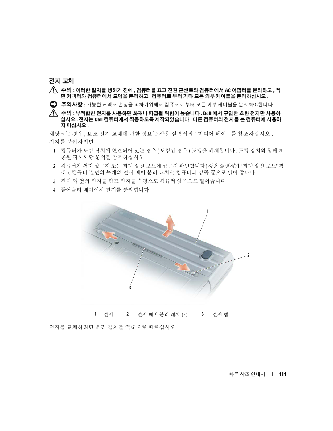 Dell JD977 manual 전지 교체, 전지를 교체하려면 분리 절차를 역순으로 따르십시오, 111 