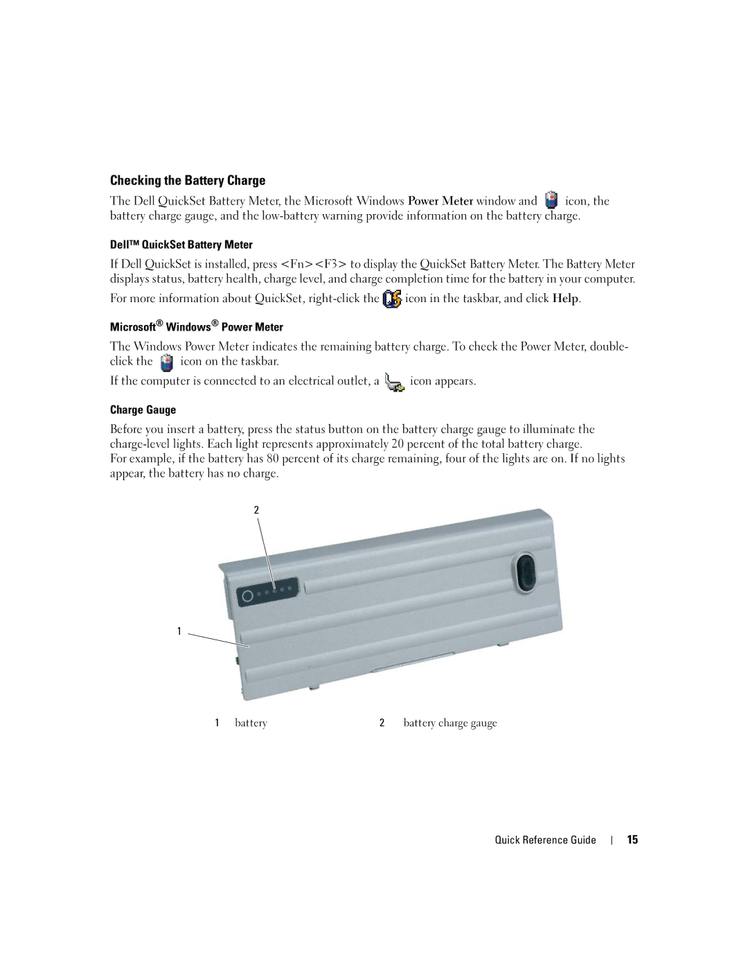 Dell JD977 manual Checking the Battery Charge, Dell QuickSet Battery Meter, Microsoft Windows Power Meter, Charge Gauge 