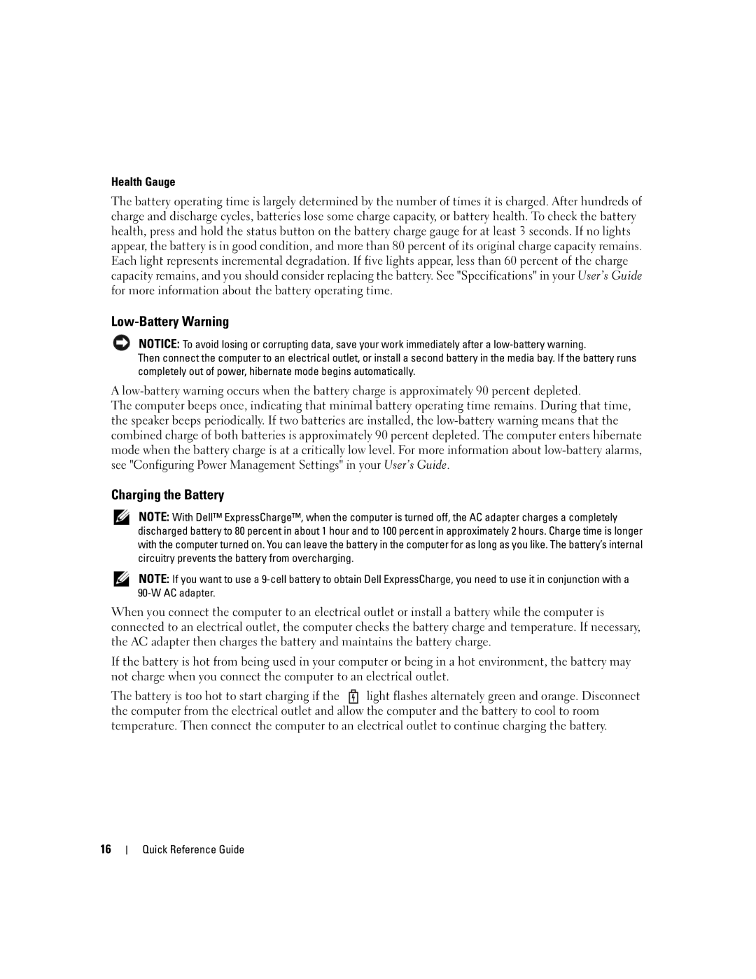 Dell JD977 manual Low-Battery Warning, Charging the Battery, Health Gauge 