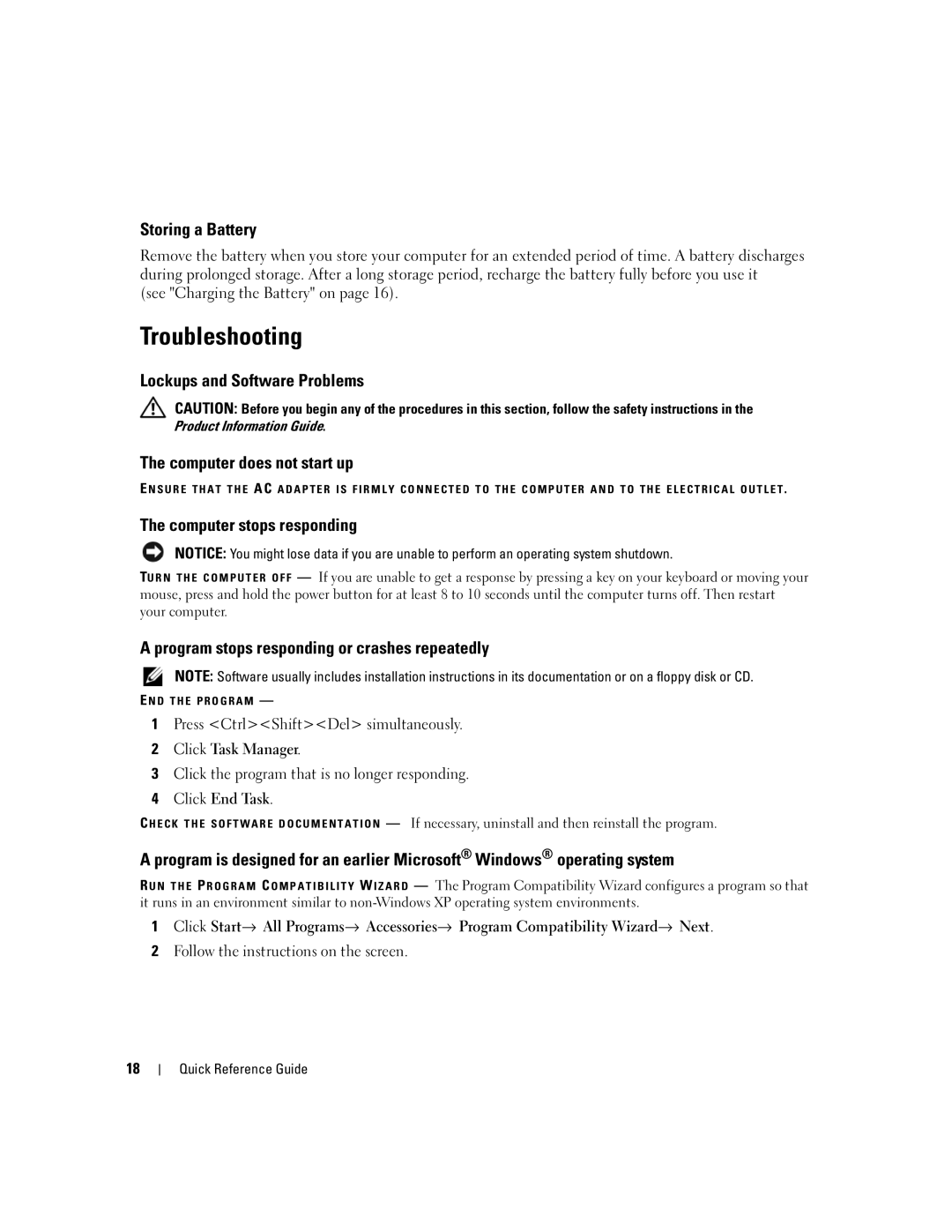 Dell JD977 manual Storing a Battery, Lockups and Software Problems, Computer does not start up, Computer stops responding 