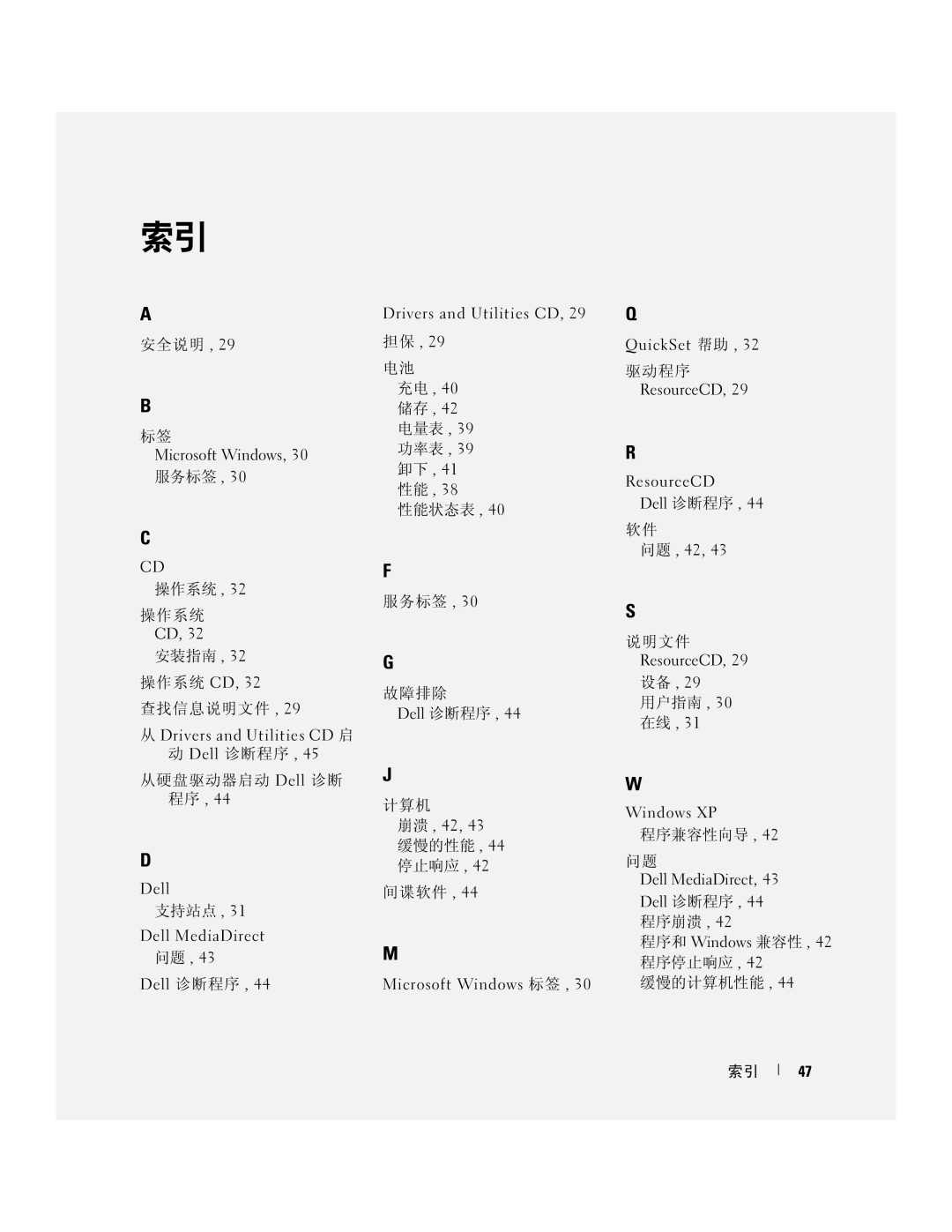 Dell JD977 manual 安全说明 Microsoft Windows, 30 服务标签 操作系统 操作系统 CD 安装指南, 查找信息说明文件, 从硬盘驱动器启动 Dell 诊断 程序, 支持站点, 性能状态表 服务标签 故障排除 