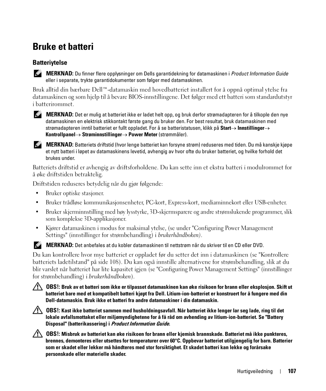 Dell JF854 manual Bruke et batteri, Batteriytelse, 107 