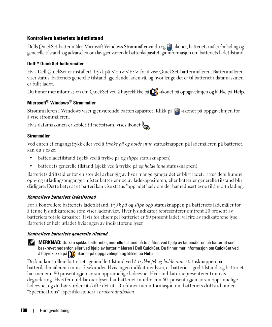 Dell JF854 manual Kontrollere batteriets ladetilstand, Dell QuickSet-batterimåler, Microsoft Windows Strømmåler, 108 