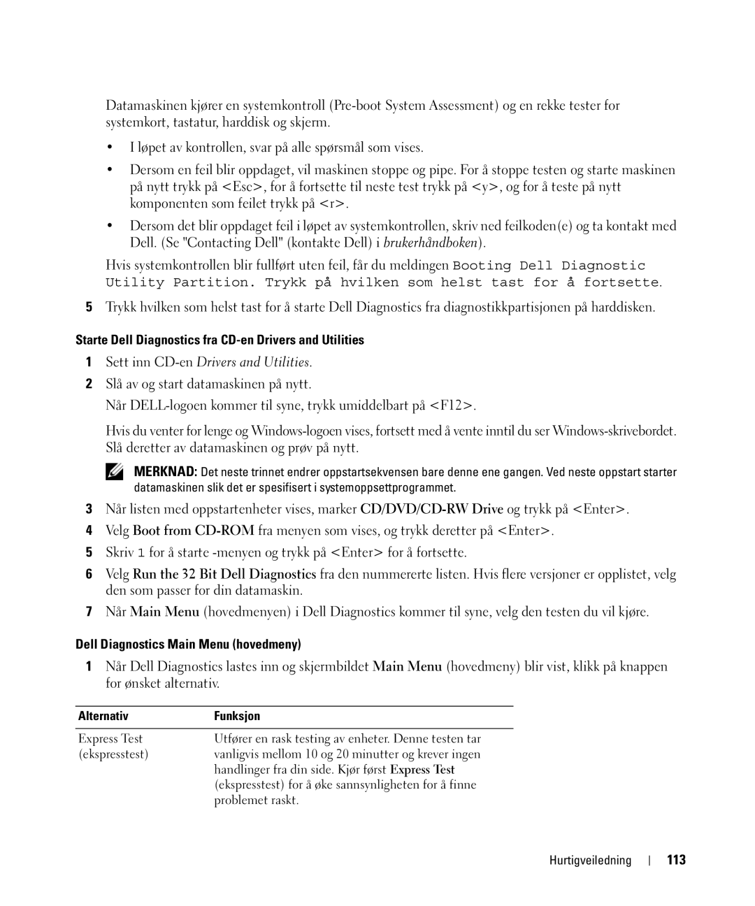 Dell JF854 manual Starte Dell Diagnostics fra CD-en Drivers and Utilities, Dell Diagnostics Main Menu hovedmeny, 113 