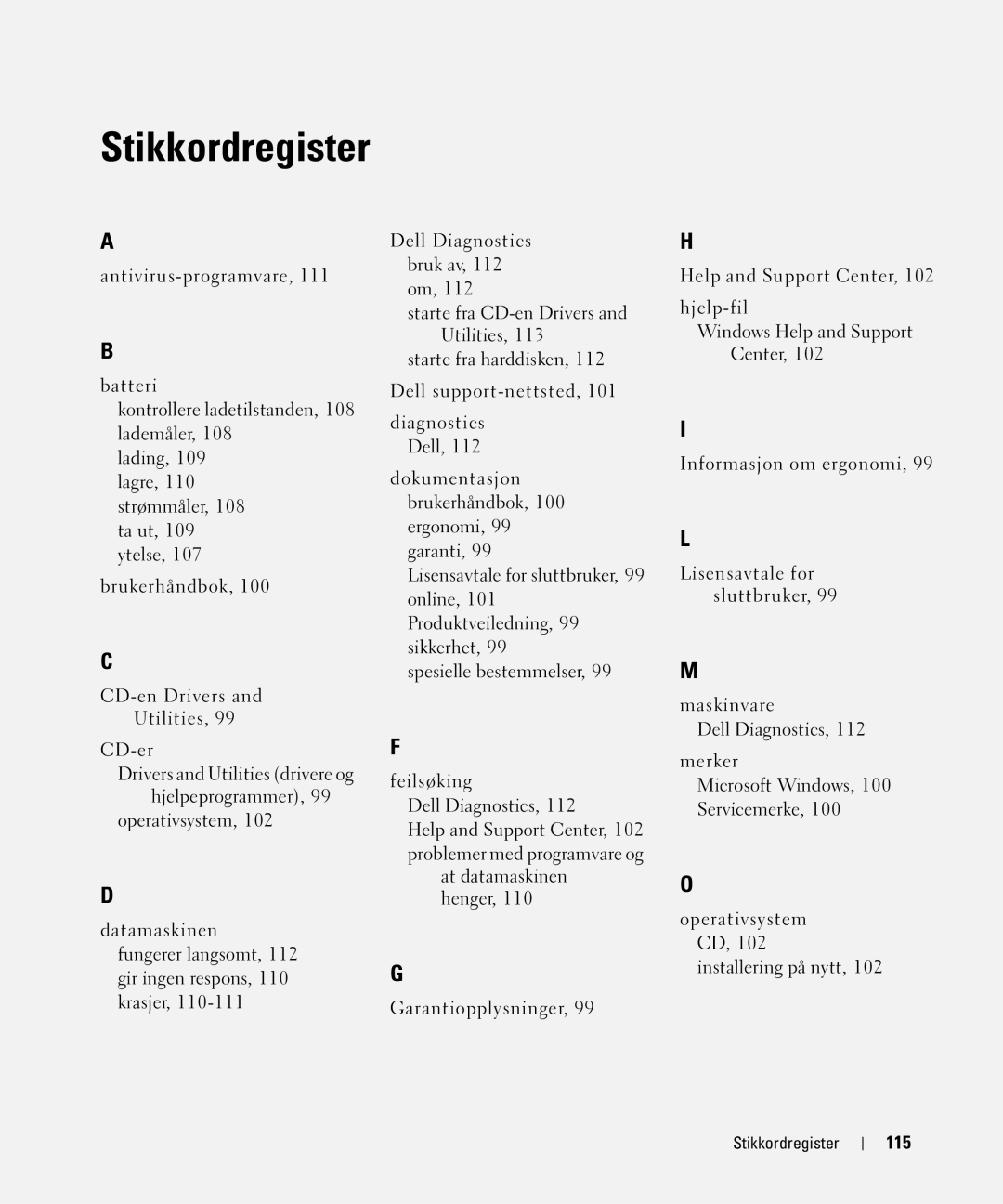 Dell JF854 manual 115, Stikkordregister 