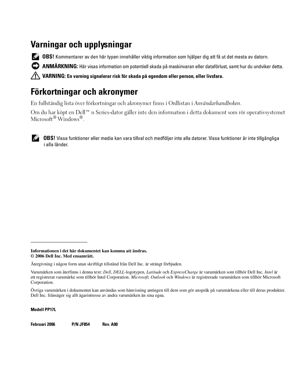 Dell JF854 manual Varningar och upplysningar, Förkortningar och akronymer 