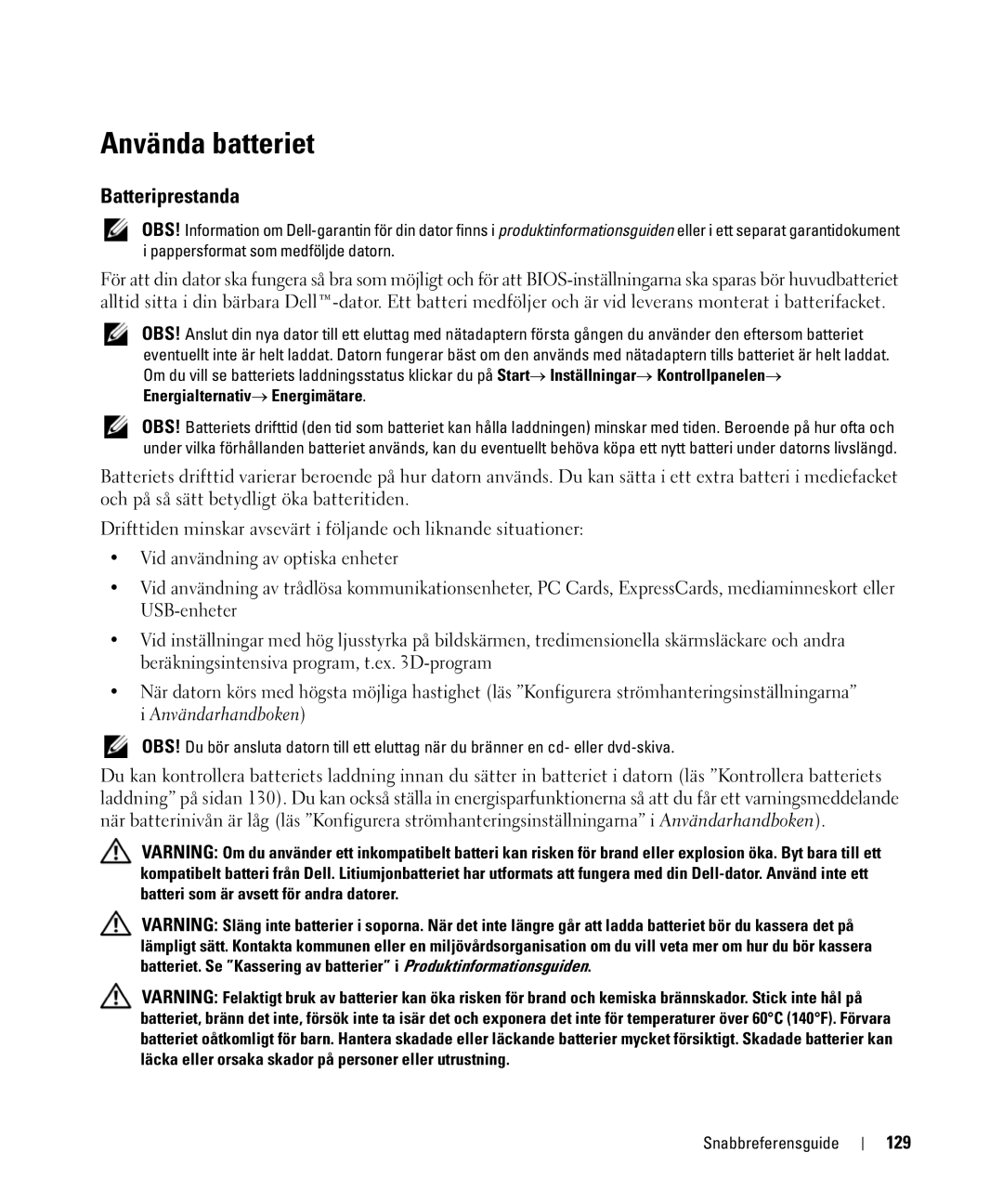 Dell JF854 manual Använda batteriet, Batteriprestanda, 129 