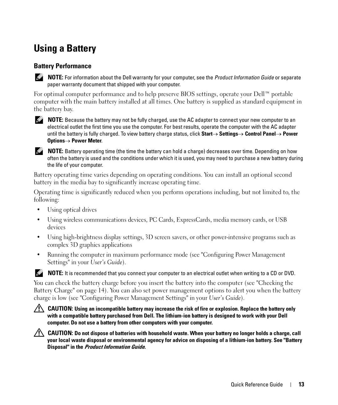 Dell JF854 manual Using a Battery, Battery Performance 