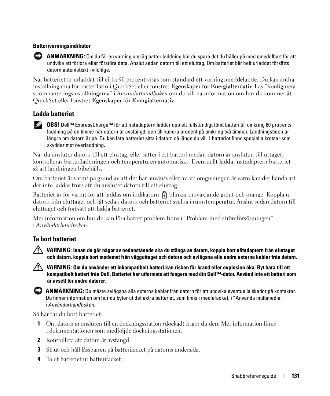 Dell JF854 manual Ladda batteriet, Ta bort batteriet, Batterivarningsindikator, 131 