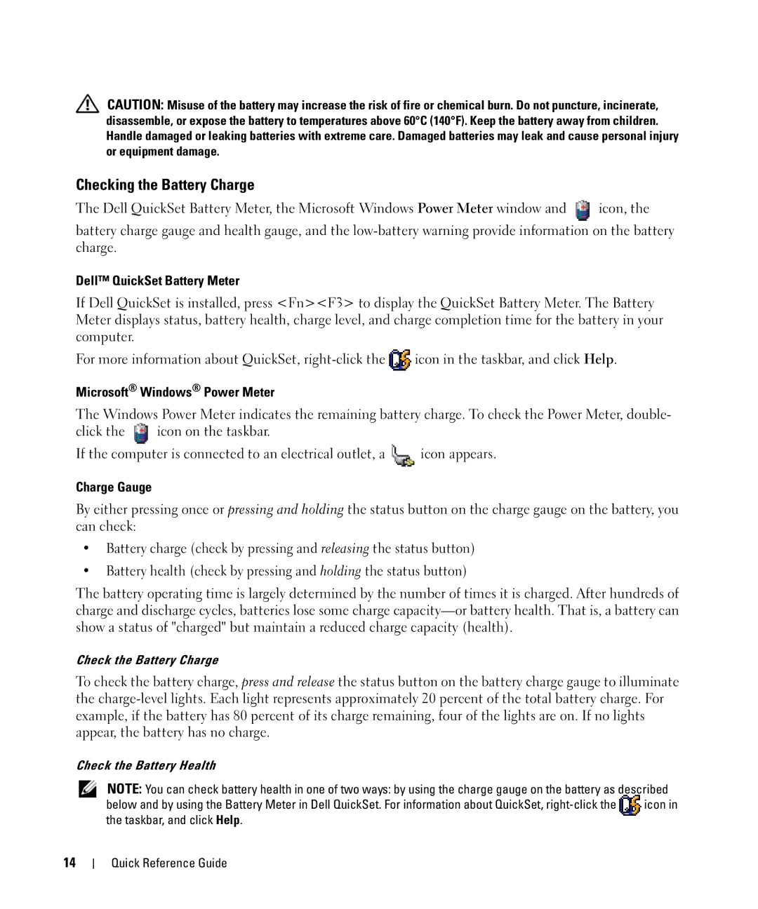 Dell JF854 manual Checking the Battery Charge, Dell QuickSet Battery Meter, Microsoft Windows Power Meter, Charge Gauge 