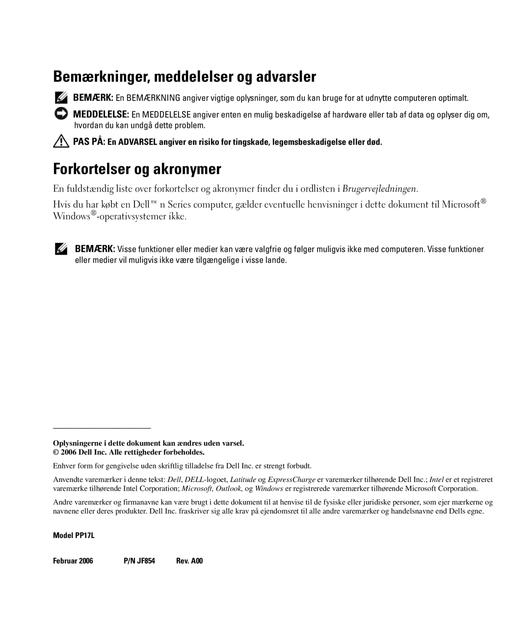 Dell JF854 manual Bemærkninger, meddelelser og advarsler, Forkortelser og akronymer 