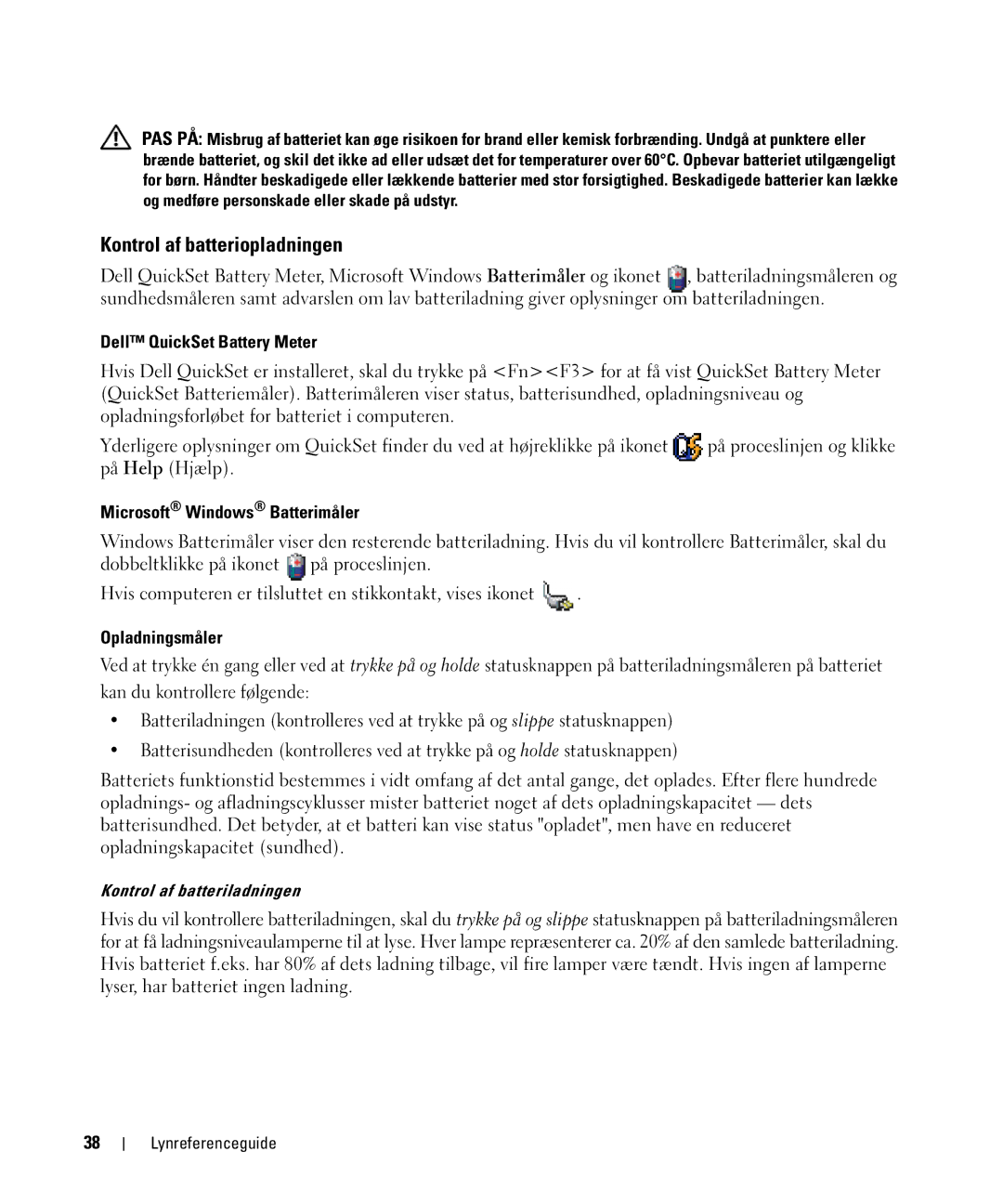 Dell JF854 manual Kontrol af batteriopladningen, Microsoft Windows Batterimåler, Opladningsmåler 