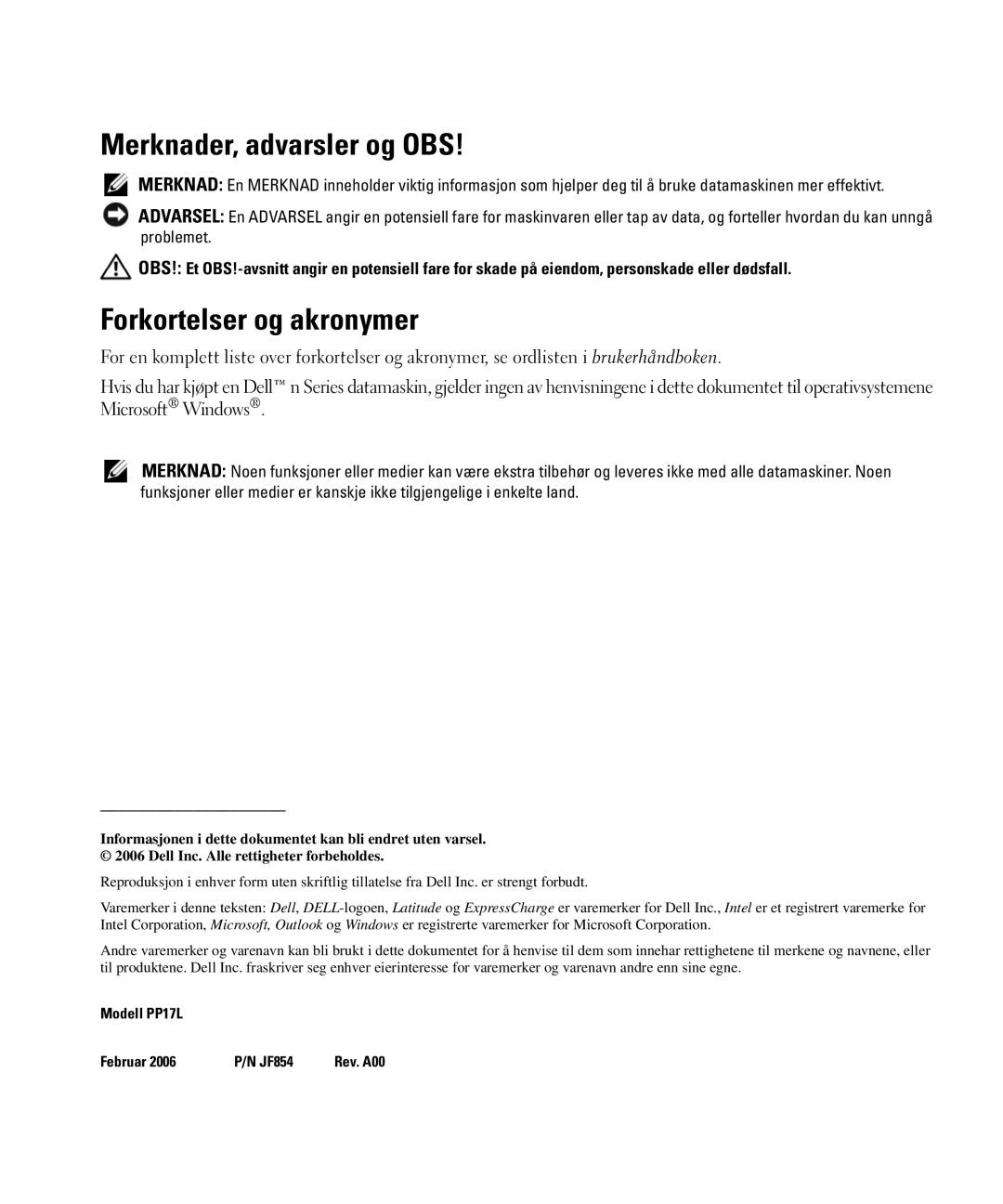 Dell JF854 manual Merknader, advarsler og OBS, Forkortelser og akronymer 