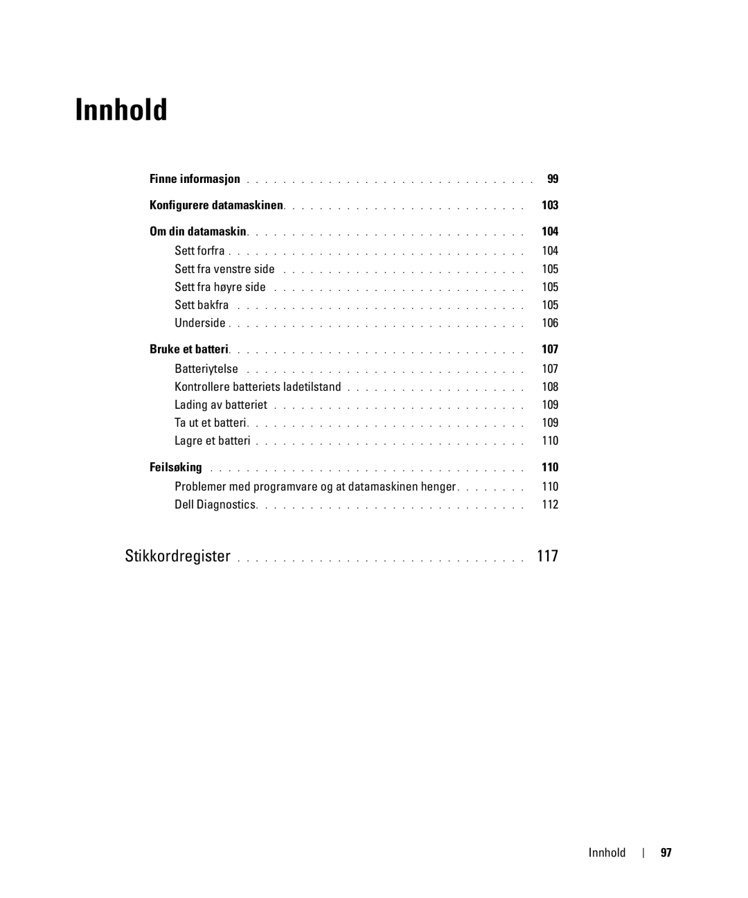 Dell JF854 manual 117, 103, 104, 107, 110 