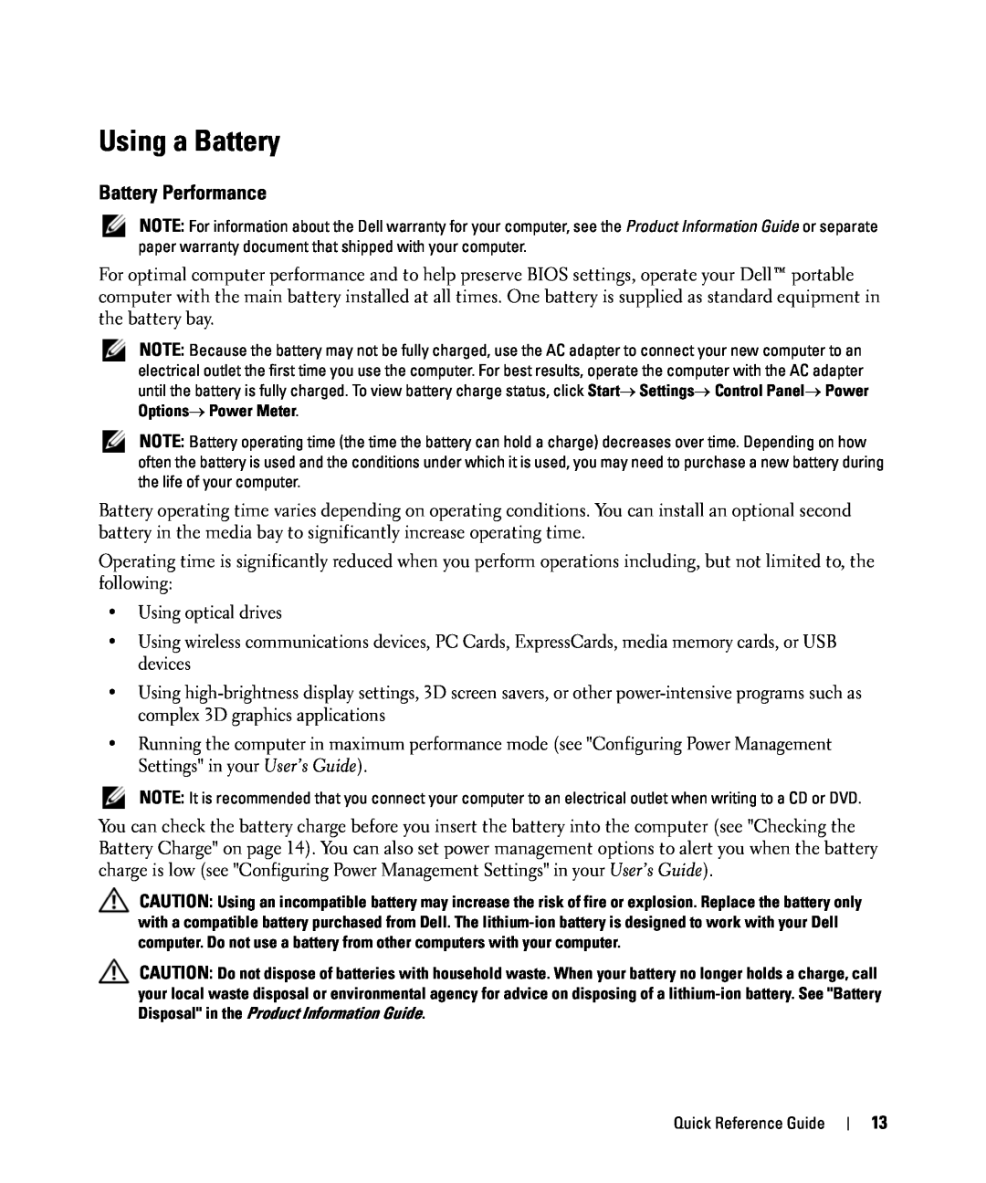 Dell JF854 manual Using a Battery, Battery Performance 