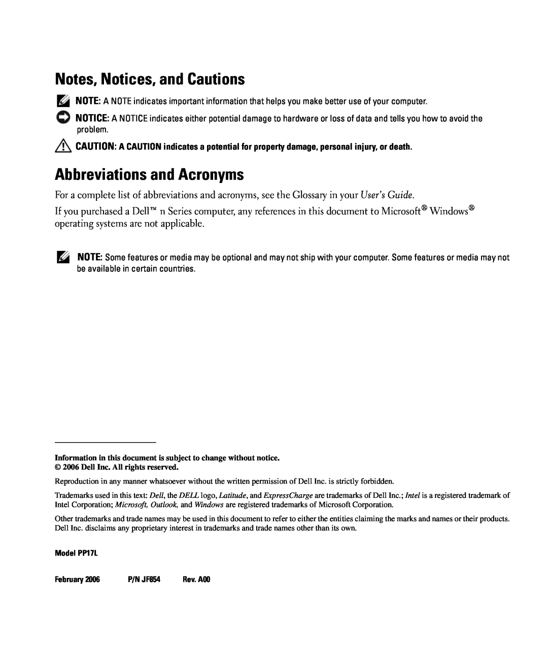 Dell manual Notes, Notices, and Cautions, Abbreviations and Acronyms, Model PP17L, February, P/N JF854 
