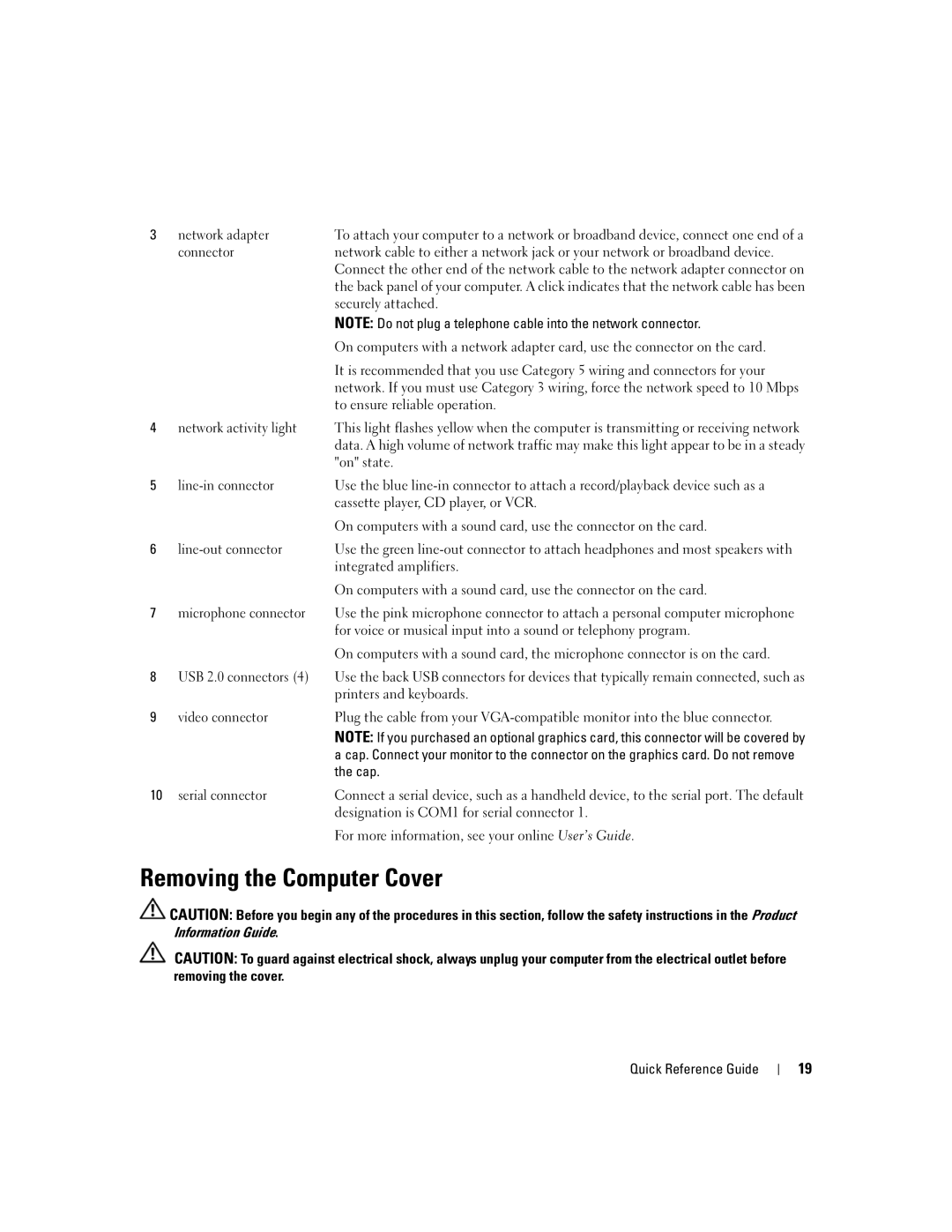 Dell JK523 manual Removing the Computer Cover, Network adapter 