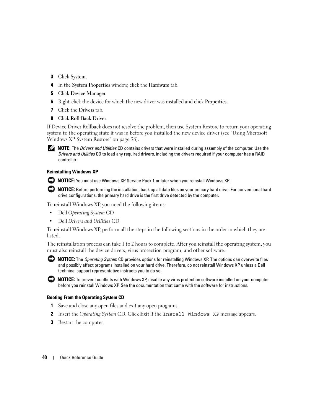 Dell JK523 manual Reinstalling Windows XP 