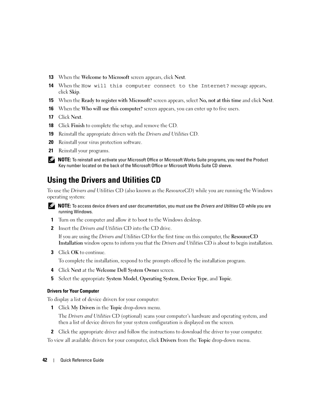 Dell JK523 manual Using the Drivers and Utilities CD, When the Welcome to Microsoft screen appears, click Next 