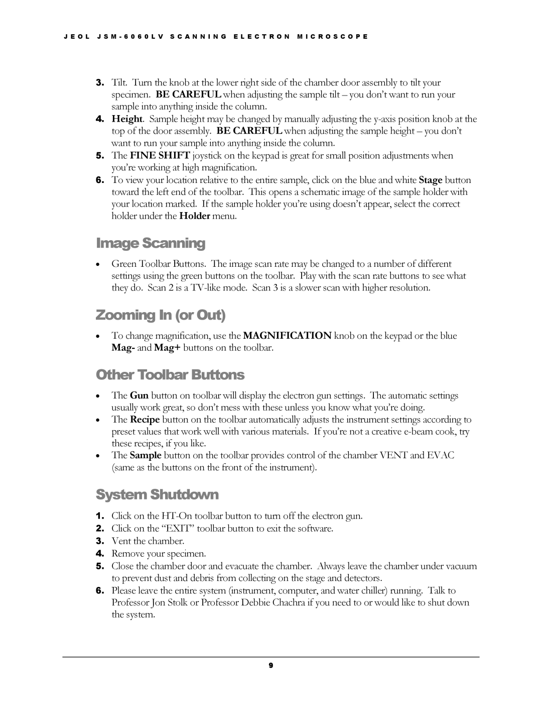 Dell JSM-6060LV manual Image Scanning, Zooming In or Out, Other Toolbar Buttons, System Shutdown 