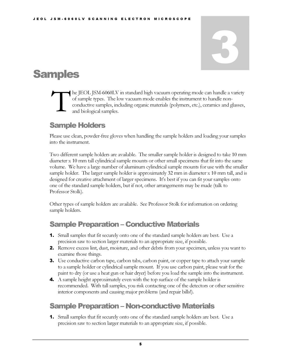 Dell JSM-6060LV manual Samples, Sample Holders, Sample Preparation Conductive Materials 