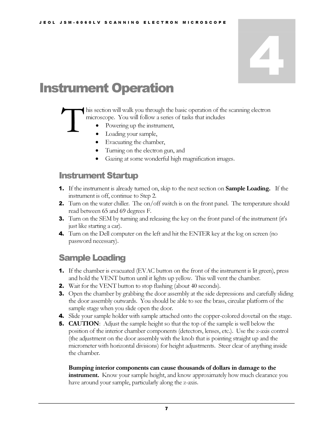 Dell JSM-6060LV manual Instrument Operation, Instrument Startup, Sample Loading 