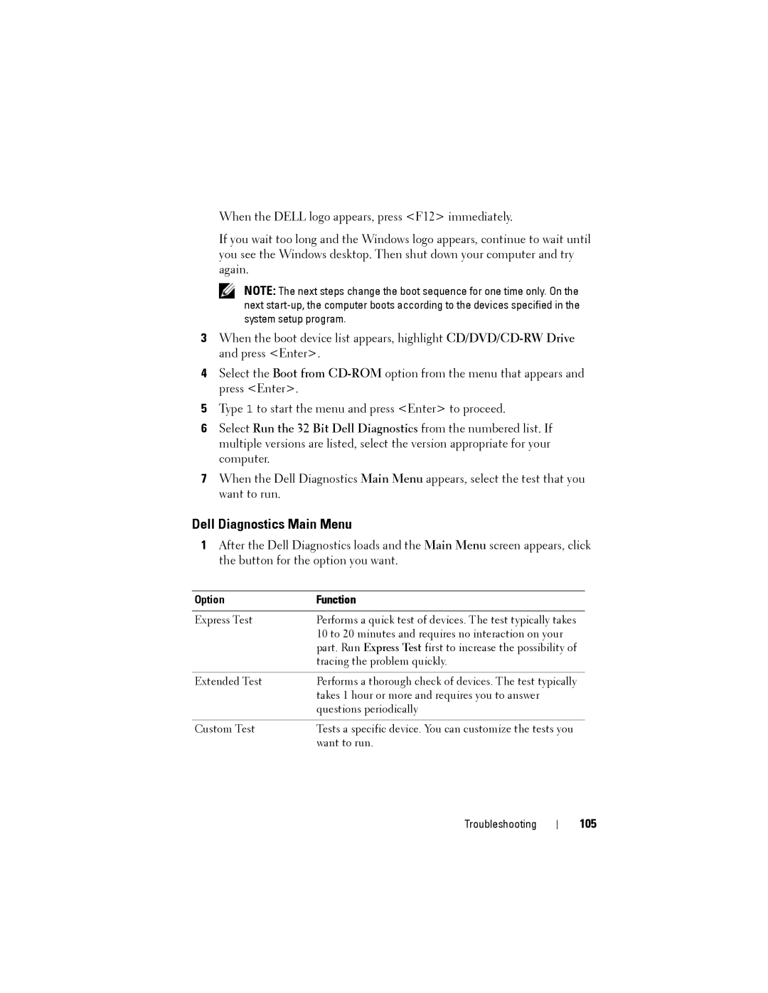 Dell JU373 manual Dell Diagnostics Main Menu, 105, Option Function 