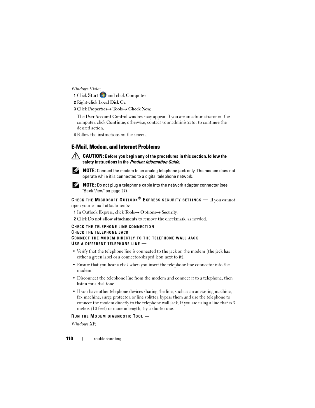 Dell JU373 manual Mail, Modem, and Internet Problems, 110 