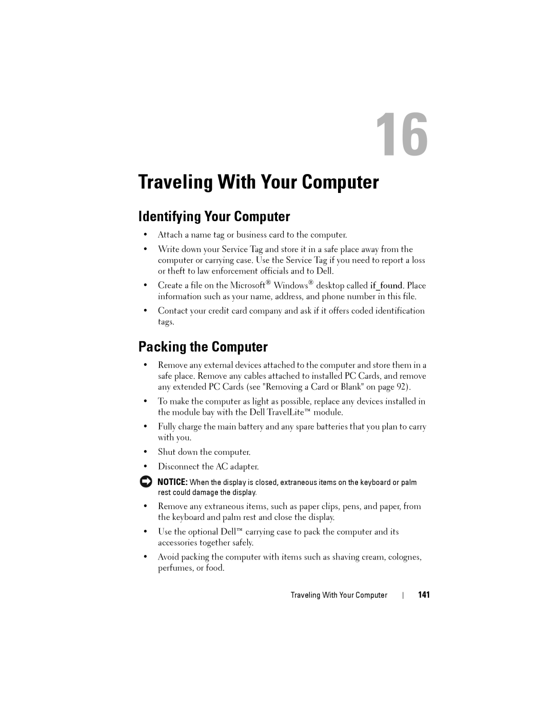 Dell JU373 manual Traveling With Your Computer, Identifying Your Computer, Packing the Computer, 141 