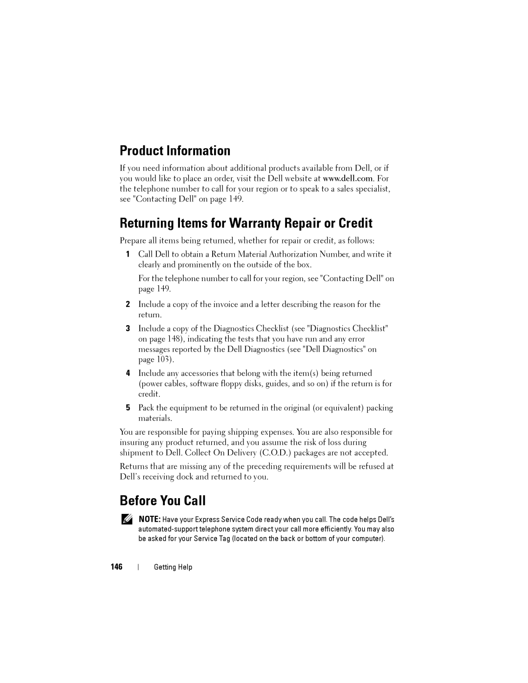 Dell JU373 manual Before You Call, 146 