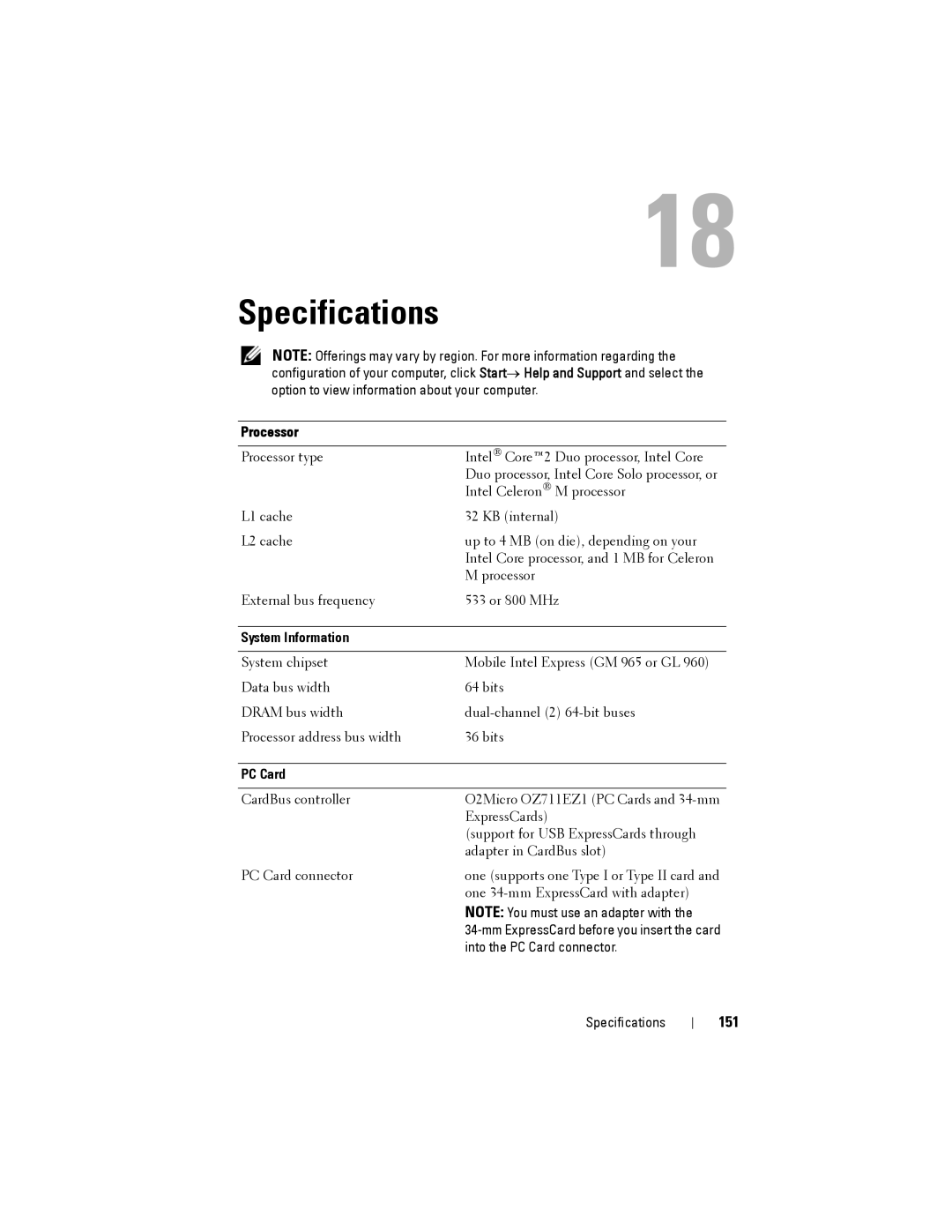 Dell JU373 manual Specifications, 151, Processor, System Information, PC Card 