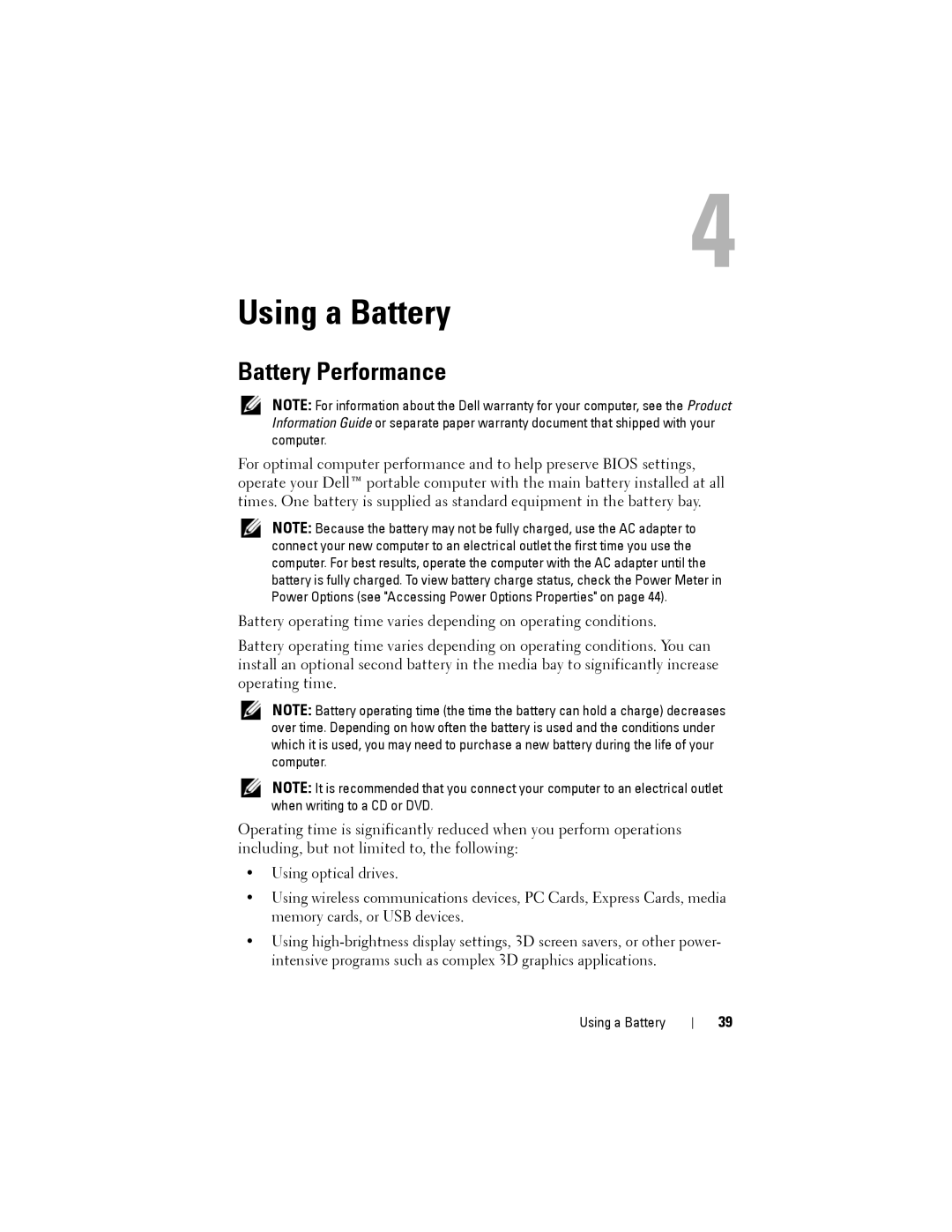 Dell JU373 manual Using a Battery, Battery Performance 