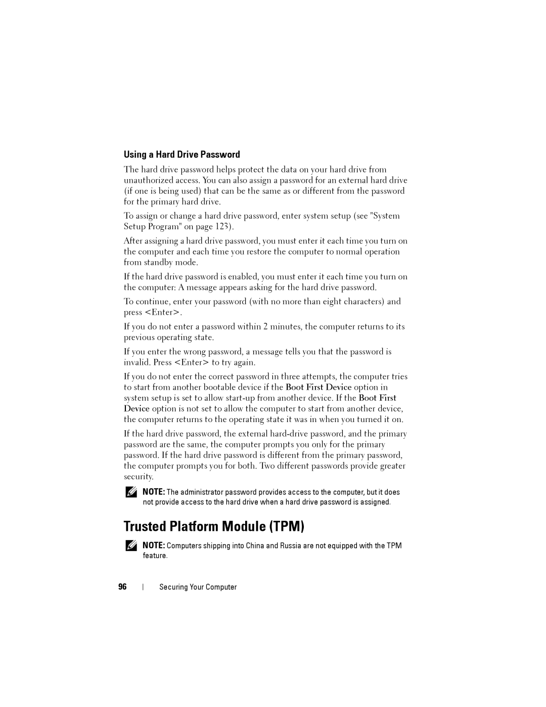 Dell JU373 manual Trusted Platform Module TPM, Using a Hard Drive Password 