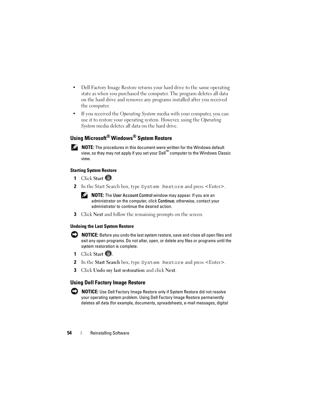 Dell K080D manual Using Microsoft Windows System Restore, Using Dell Factory Image Restore 