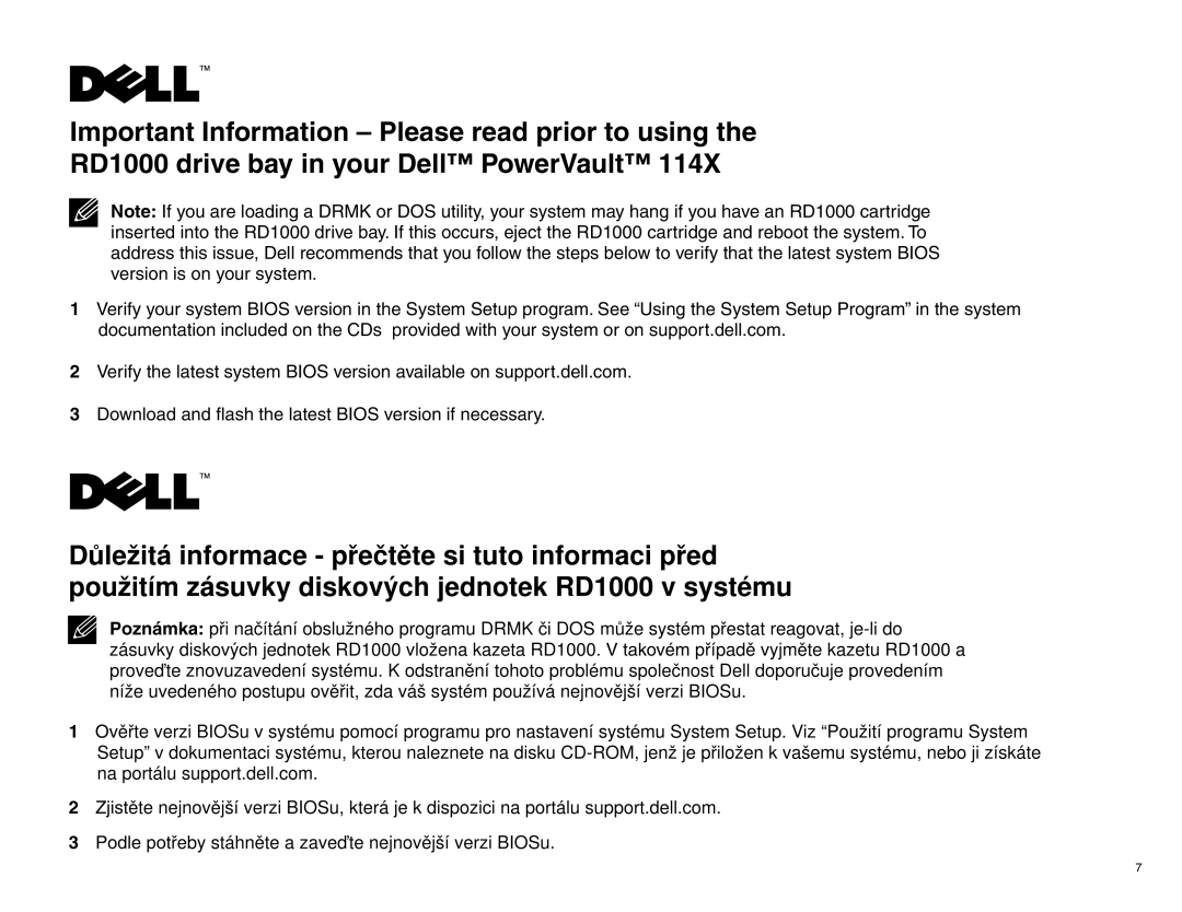 Dell 114x, K086P manual Important Information - Please read prior to using the, RD1000 drive bay in your Dell PowerVault 