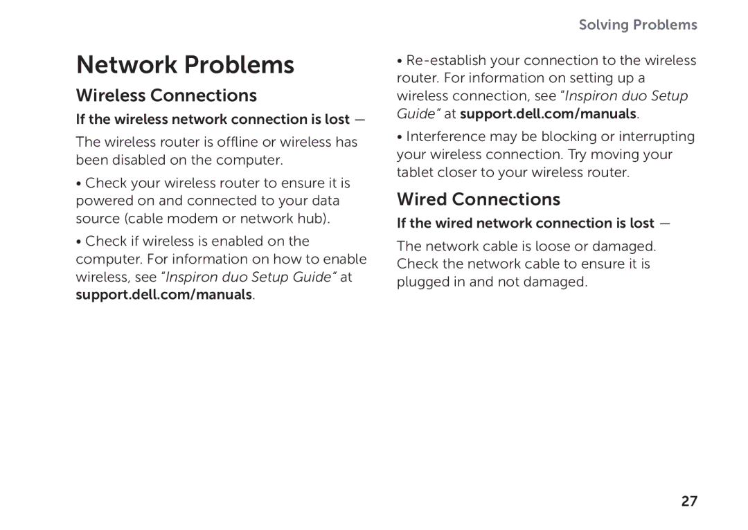 Dell K08A001 manual Network Problems, Wireless Connections, Wired Connections 