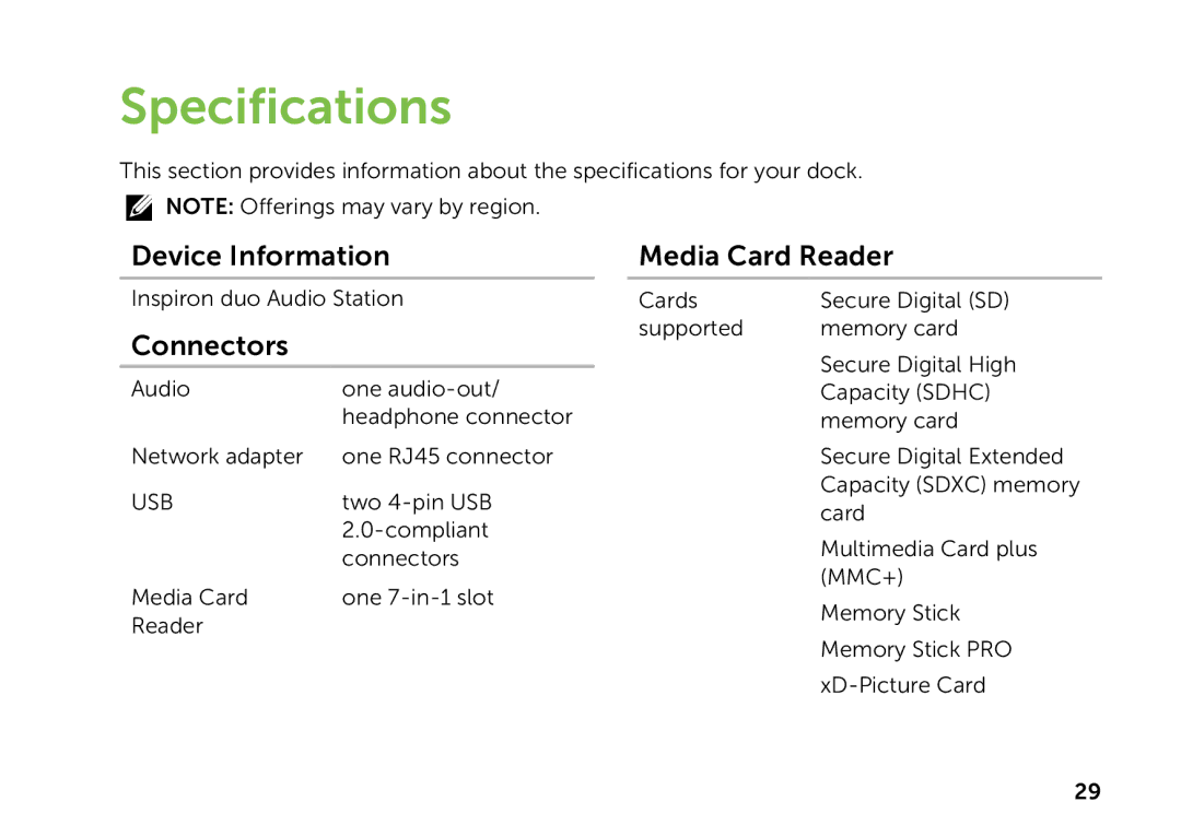 Dell K08A001 manual Specifications, Device Information, Connectors, Media Card Reader 