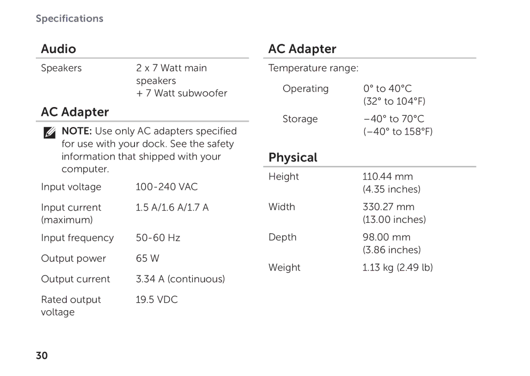 Dell K08A001 manual Audio, AC Adapter, Physical 