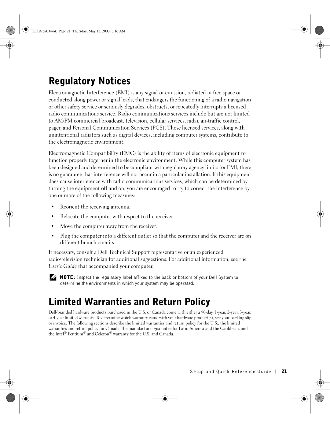 Dell 160L, K1197 manual Regulatory Notices, Limited Warranties and Return Policy 